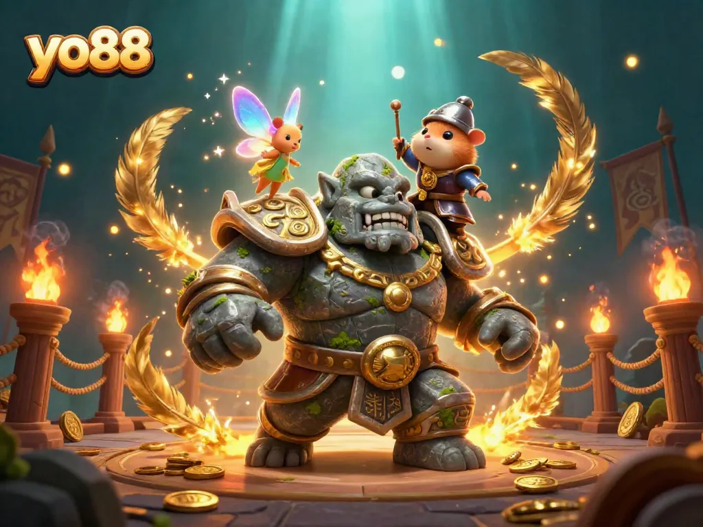 Join the excitement of yo88 with a magical scene of a golem guardian and fairy companion in a thrilling casino atmosphere.