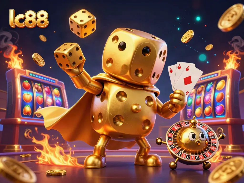 Engage with lc88's lively casino environment featuring dynamic golden dice and colorful slot elements.