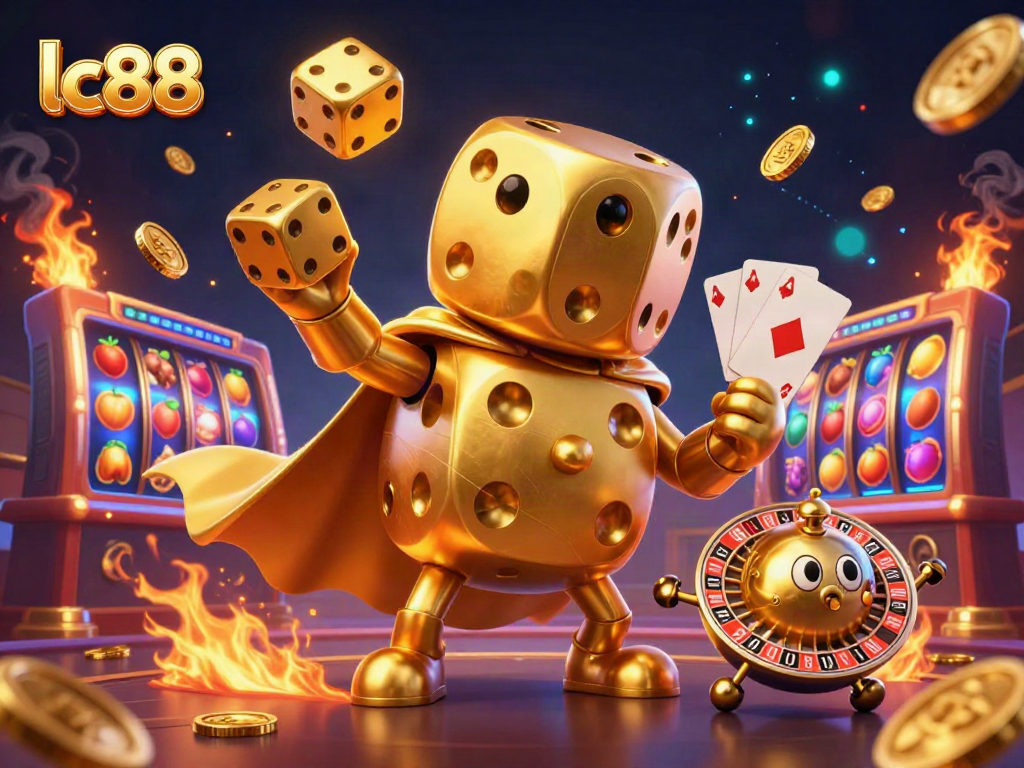 Engage with lc88's lively casino environment featuring dynamic golden dice and colorful slot elements.