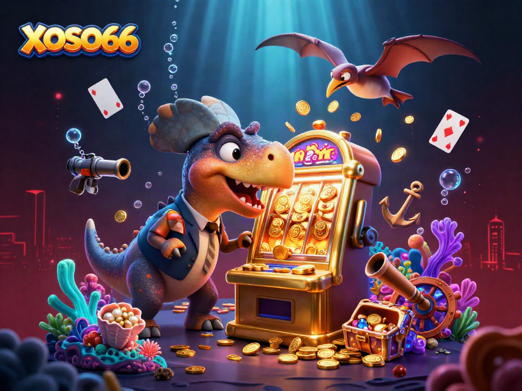 Experience thrilling wins at XOSO66 with vibrant jackpot excitement and cartoon characters bursting with energy.