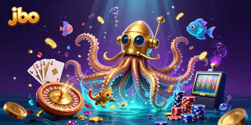 Experience thrilling gameplay with jbo illustrated in an underwater casino scene of a kraken, cat diver, and glowing fish.