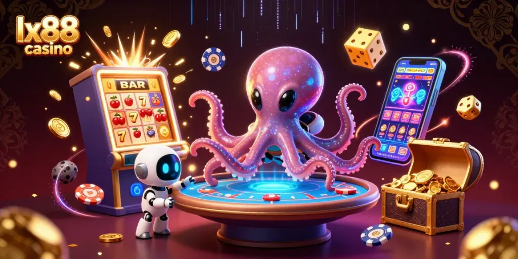 Experience thrilling gameplay at lx88 casino with an alien octopus and exciting casino elements.