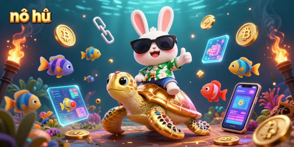 Spin for jackpots with nổ hũ's animated lucky rabbit and golden sea turtle in a vibrant casino scene.