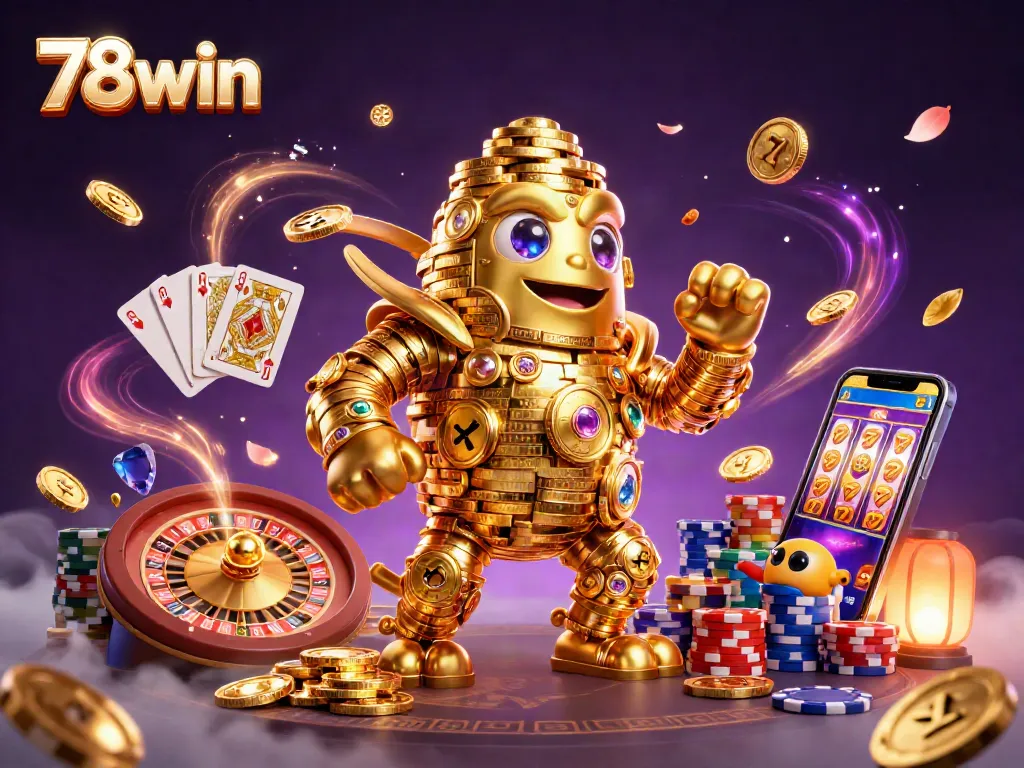 Experience thrilling wins at 78win with animated casino elements featuring dynamic slot machines and golden golems.