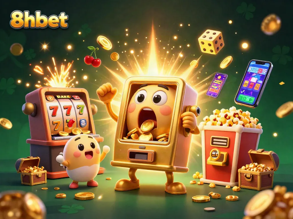 Experience the thrill of winning at 8xbet with a vibrant 3D slot machine illustration showcasing jackpots.