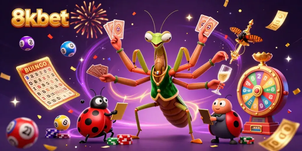 Immerse in an exhilarating scene at 8xbet, where a giant card shark and a ladybug pit boss delight players with colorful game elements.