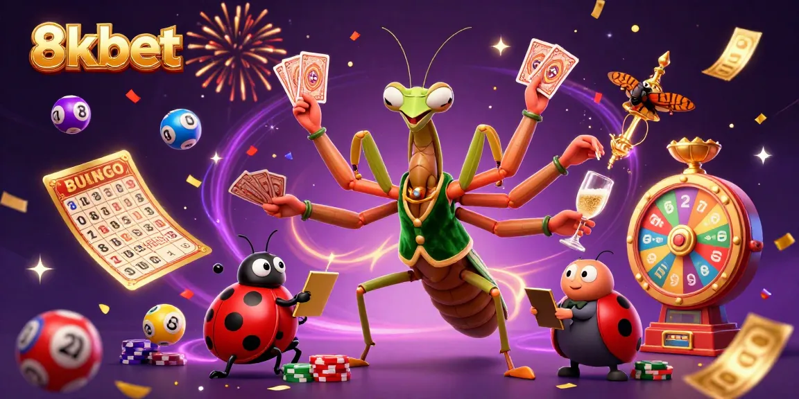 Immerse in an exhilarating scene at 8xbet, where a giant card shark and a ladybug pit boss delight players with colorful game elements.