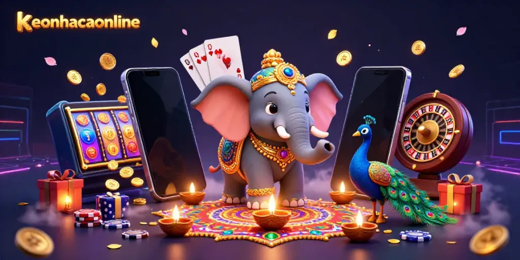 Engage with keonhacaionline's vibrant illustration showcasing a Diwali-themed casino atmosphere with colorful elements.