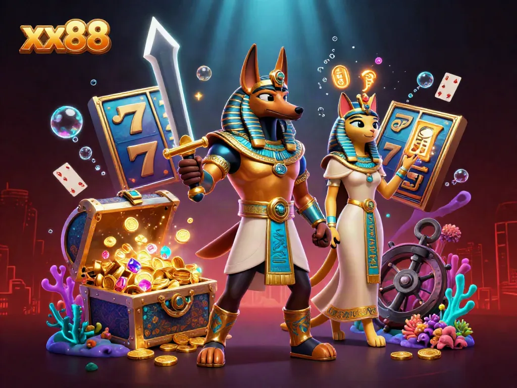 Win big at xx88 with Anubis and Bastet amidst slot reels and treasures in this vibrant scene.
