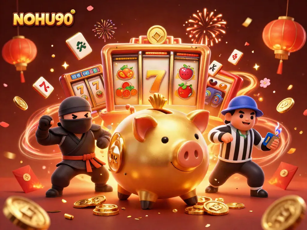 Experience thrilling gameplay with NOHU90, featuring vibrant slot machines and dynamic casino characters.