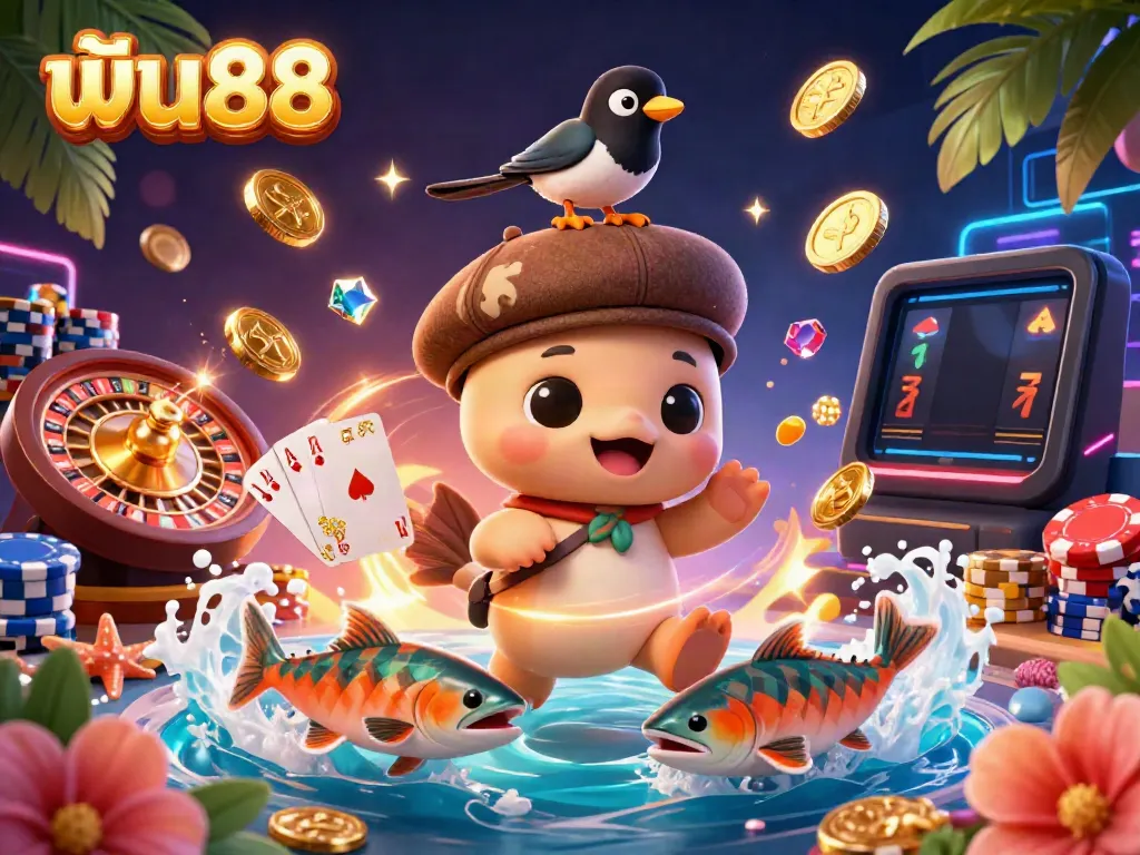 Experience the excitement of ฟัน88 with a whimsical 3D cartoon scene featuring fun casino elements and characters.
