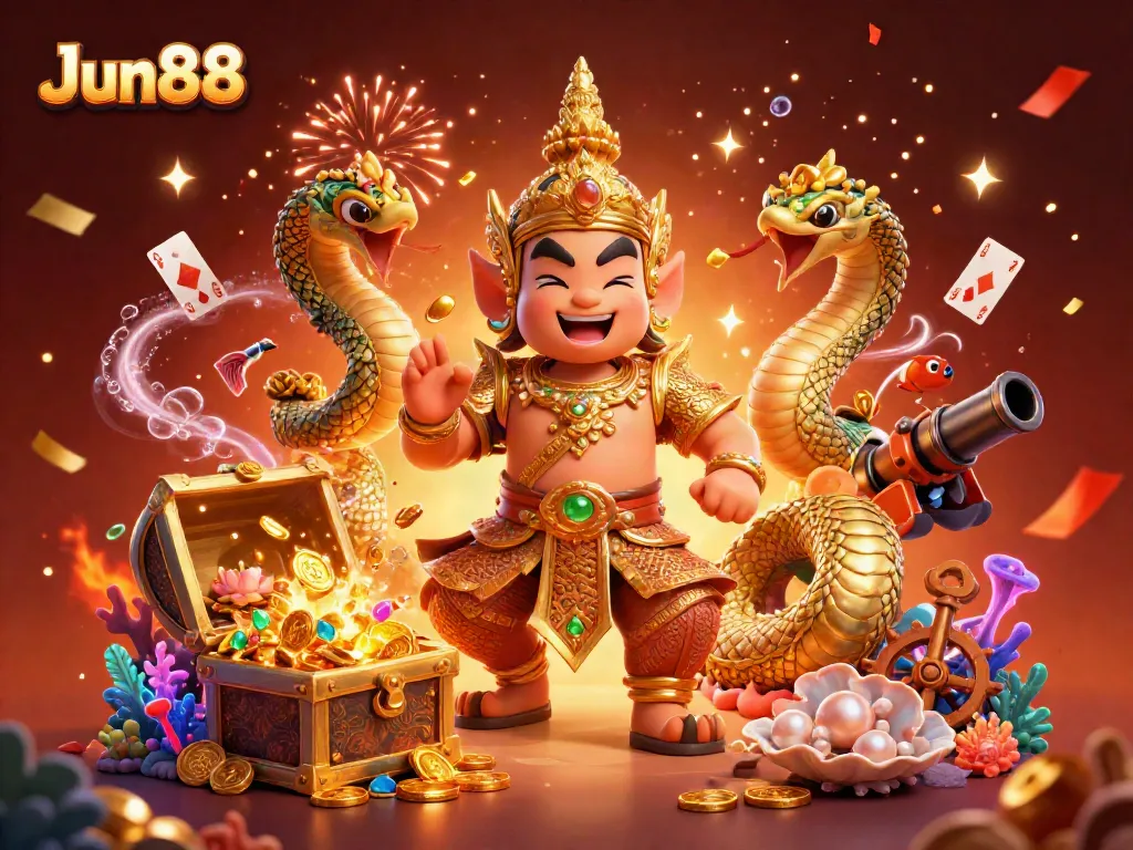 Experience the vibrant world of Jun88 with thrilling slots and golden treasures in a dynamic gambling scene.