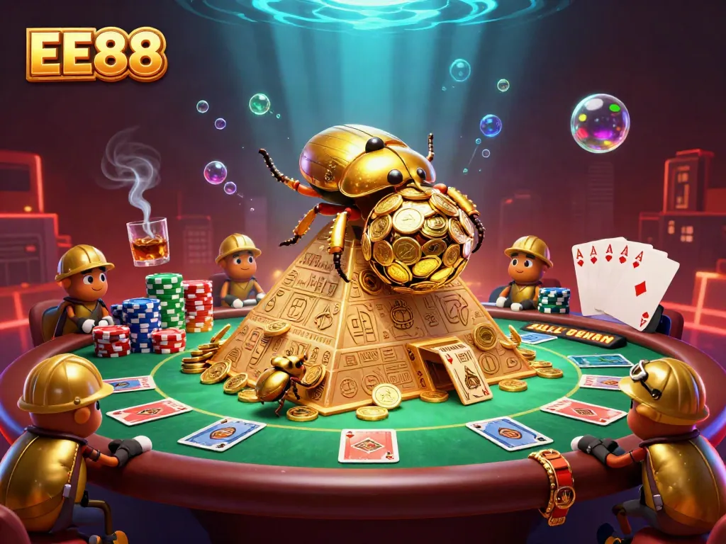 EE88 engages in thrilling gambling fun with golden beetles and vibrant casino elements.