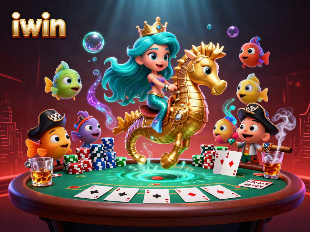 iwin players enjoy poker in an enchanting underwater casino with mermaid characters