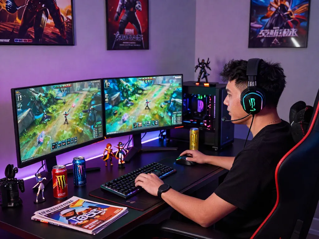 Engaging gamer workspace showcasing istana404 gaming gear and vibrant desktop setup.