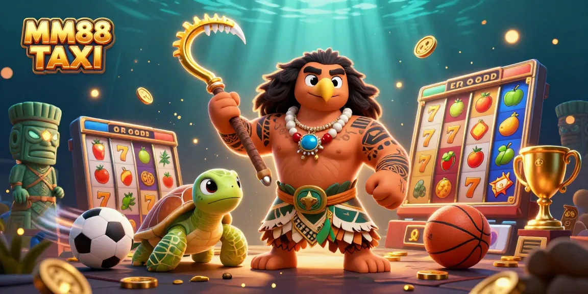 Engage with MM88 TAXI's vibrant 3D casino scene featuring a demigod, turtle sidekick, and dynamic slot elements.