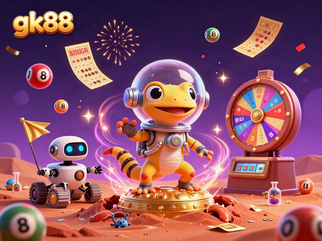 Experience the excitement of gk88 with a Martian gecko discovering a golden casino, amidst vibrant lottery themes.