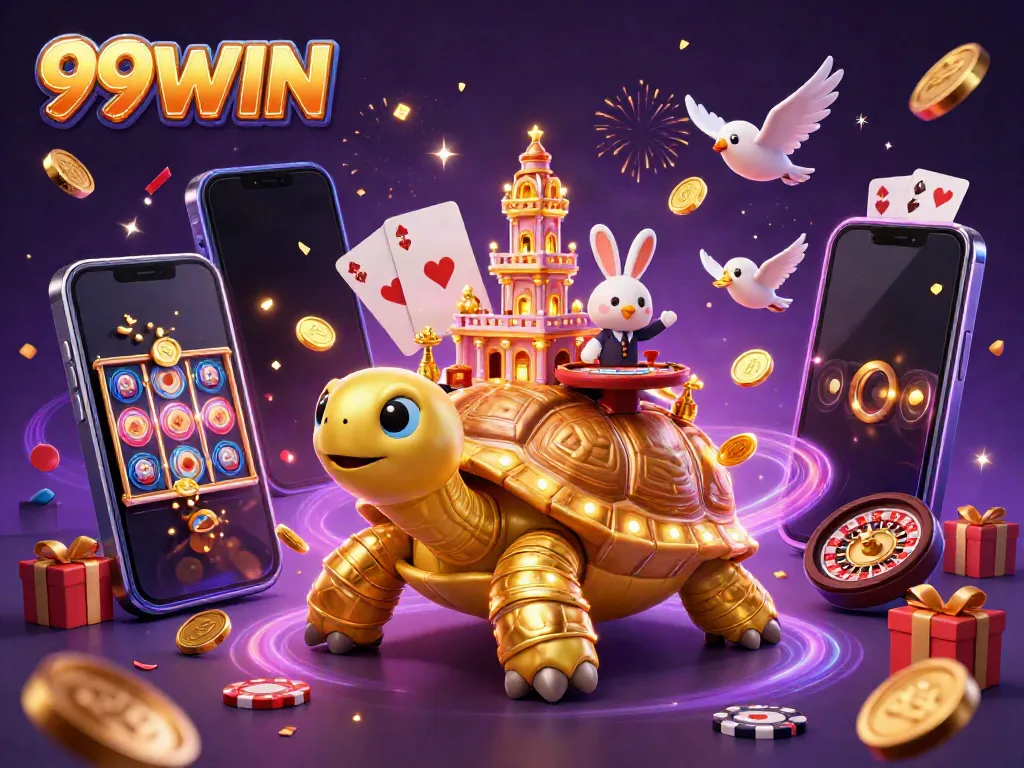 Experience the excitement of 99WIN's golden tortoise casino with gaming action and festive elements.