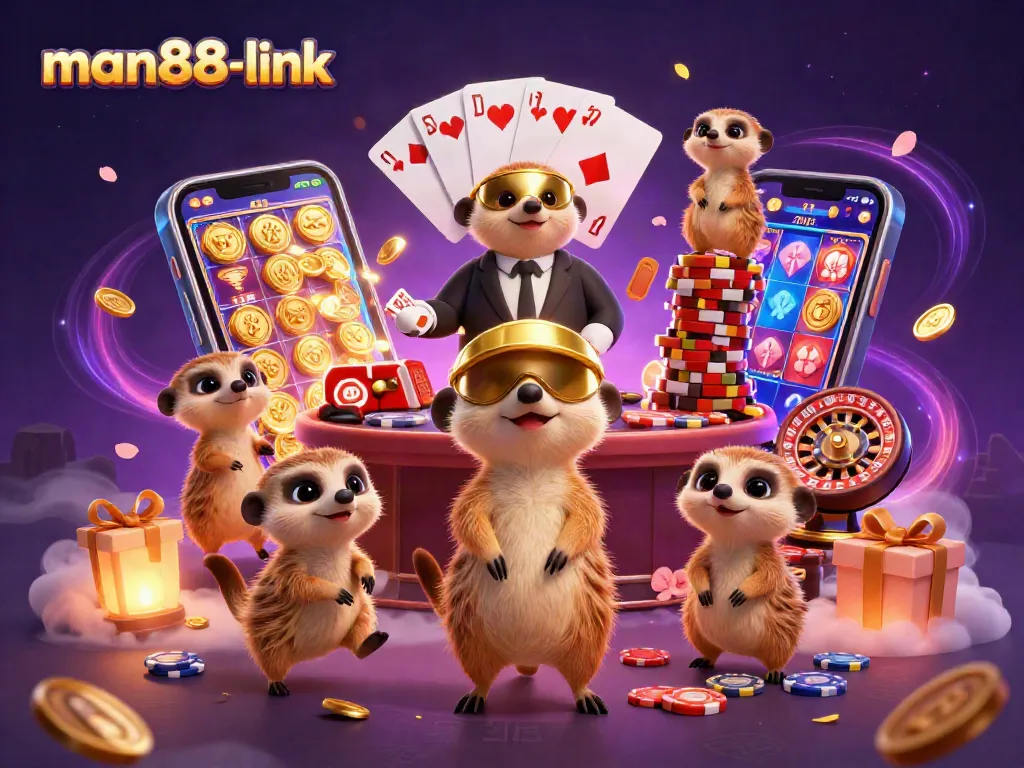 Play exciting games at man88-link with cartoon meerkats managing a vibrant casino.