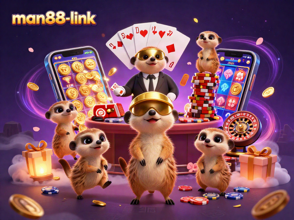 Play exciting games at man88-link with cartoon meerkats managing a vibrant casino.