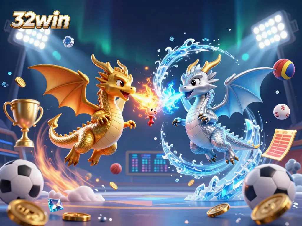 Experience the exciting world of 32win with dynamic dragons, sports elements, and engaging visuals.