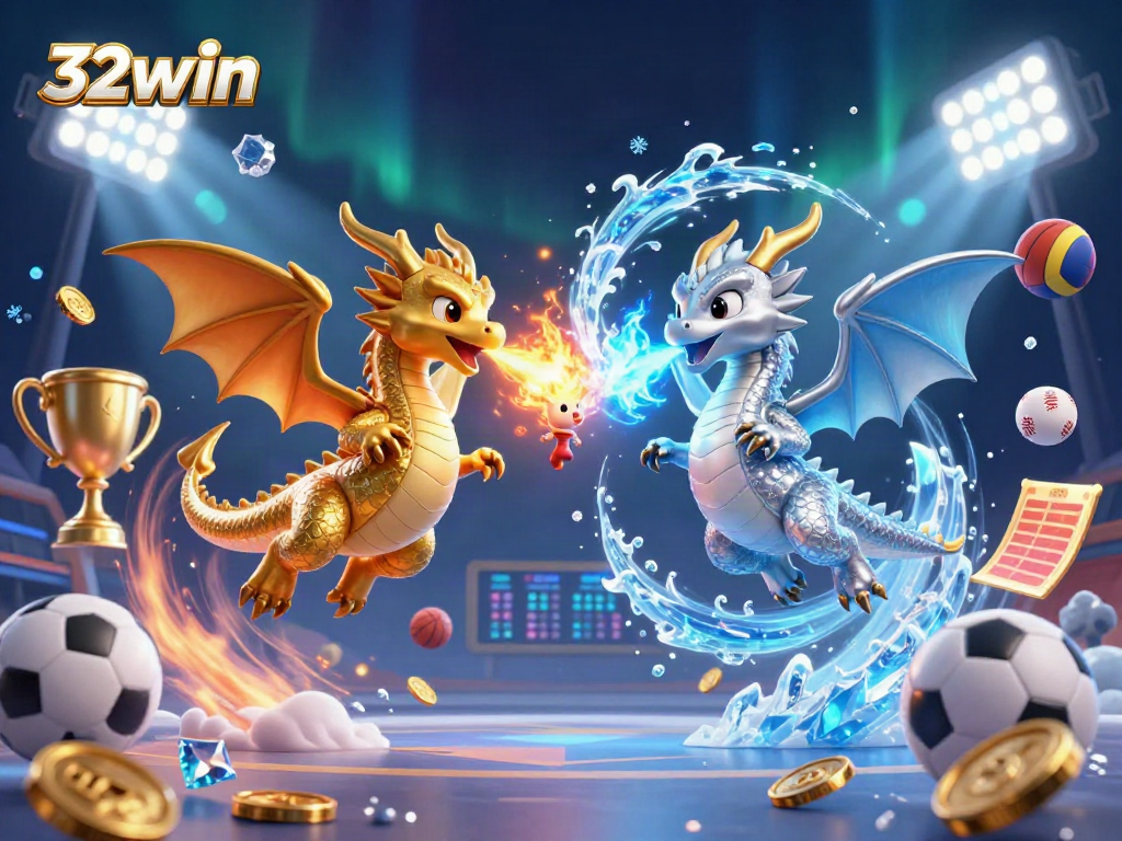 Experience the exciting world of 32win with dynamic dragons, sports elements, and engaging visuals.