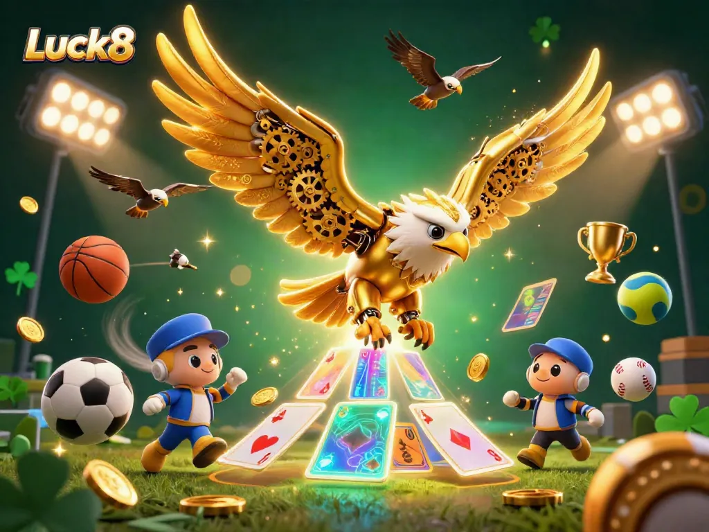 Luck8 highlights winning strategies with a cybernetic eagle and flying sports elements in vibrant colors.