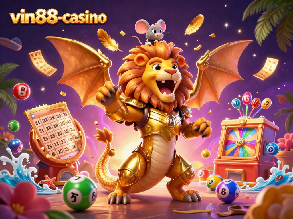 Experience the thrilling excitement of vin88-casino with a dynamic 3D illustration featuring a golden chimera and vibrant casino elements.