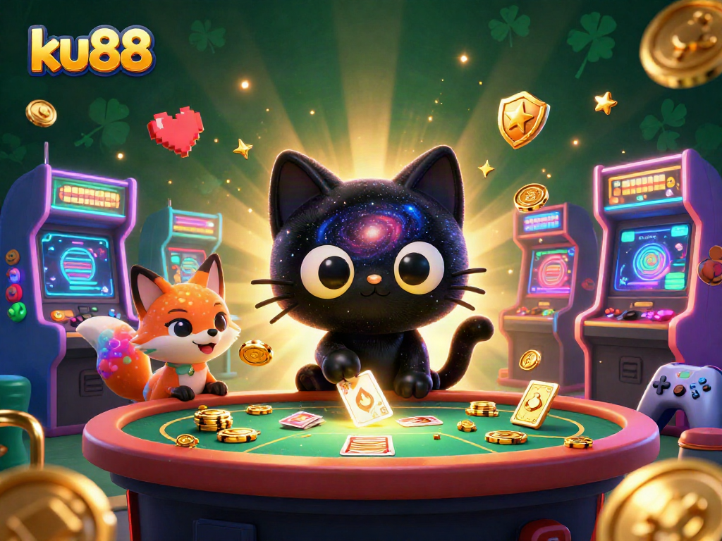 ku88 showcases a vibrant 3D gaming scene with animated characters enjoying a cosmic casino experience.