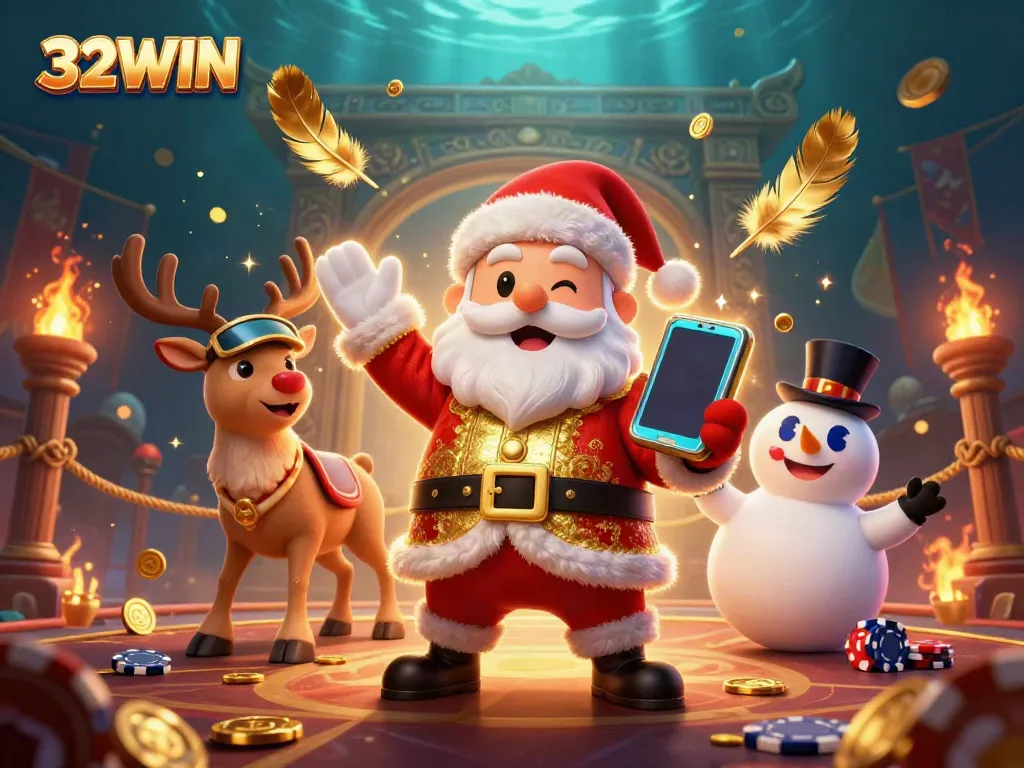 Experience the thrill of winning with 32WIN's animated casino scene featuring festive characters and vibrant elements.