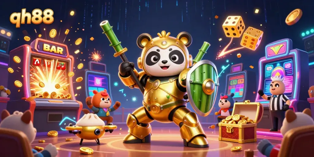 Experience the thrill of qh88 gaming with the dynamic scene of a golden panda in action, creating excitement.